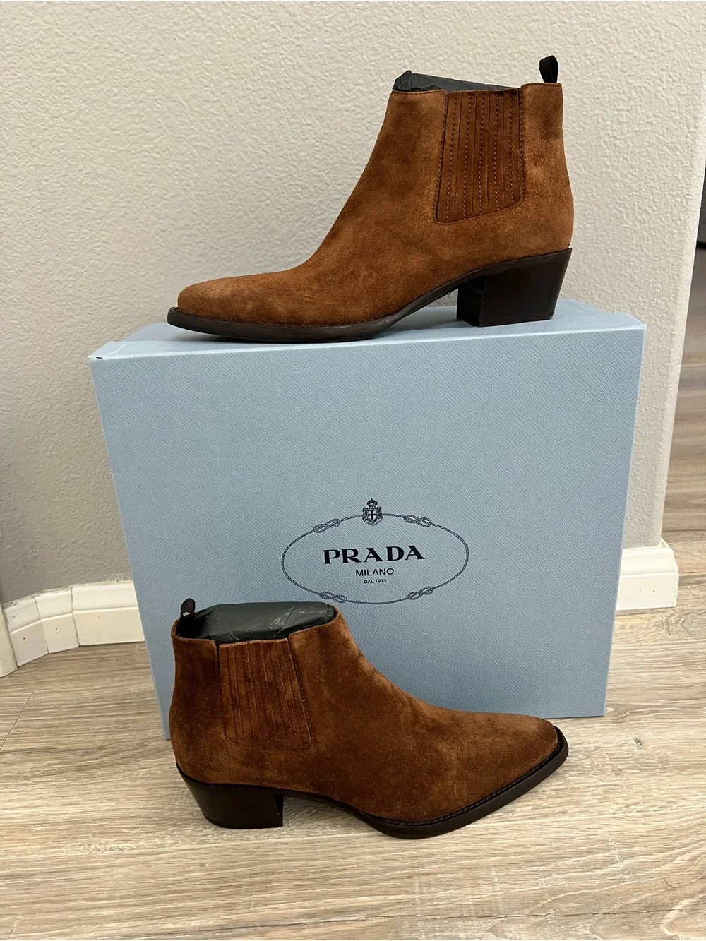 Prada Women's Chestnut Brown Suede Chelsea Ankle Boots
